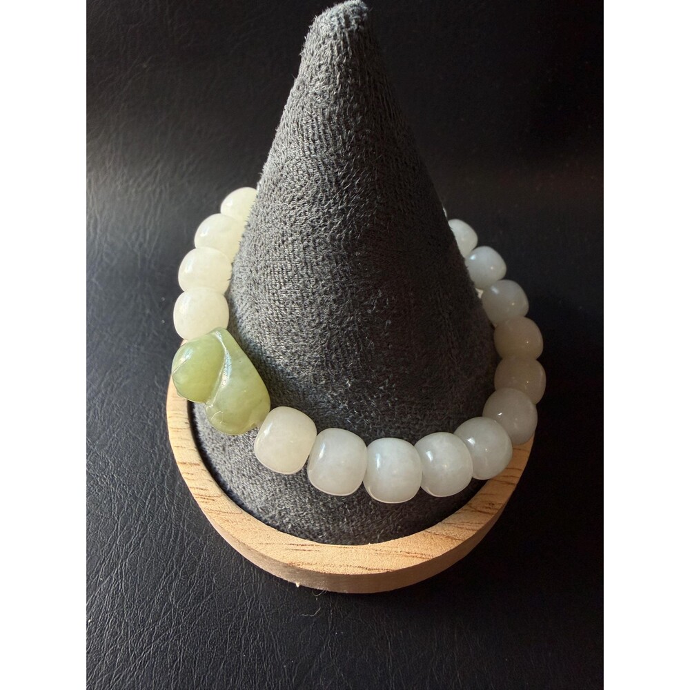 White Icy Jade Barrel Bracelet with Natural Green Jade Cat Charm Untreated Jade